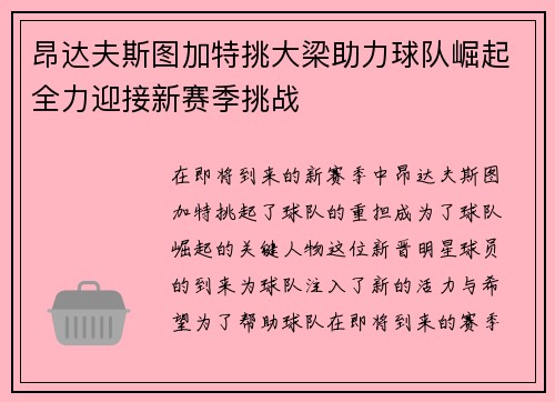 昂达夫斯图加特挑大梁助力球队崛起全力迎接新赛季挑战