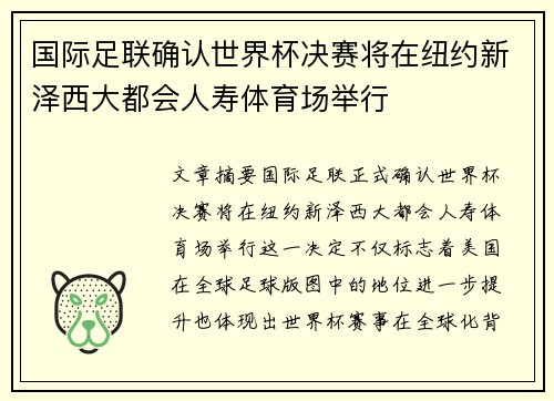 国际足联确认世界杯决赛将在纽约新泽西大都会人寿体育场举行